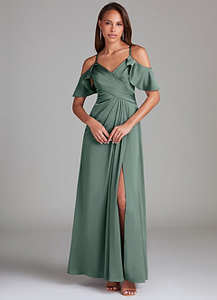Azazie Dakota Bridesmaid Dresses Sea Moss A-Line Off the Shoulder Stretch Satin Dress image3