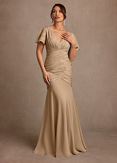 Azazie Jolene Mother of the Bride Dresses Champagne Mermaid Pleated Floral Burnout Dress image4