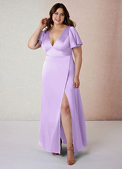 Azazie Lani Bridesmaid Dresses Lilac A-Line Flounce Sleeve Stretch Satin Dress image7