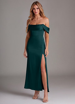 Azazie Saige Bridesmaid Dresses Pine Mermaid Off the Shoulder Stretch Satin Dress image3