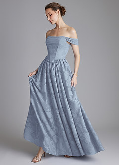 Azazie Raisa At-home Try On Dresses Dusty Blue A-Line Off the Shoulder Floral Burnout Dress image7