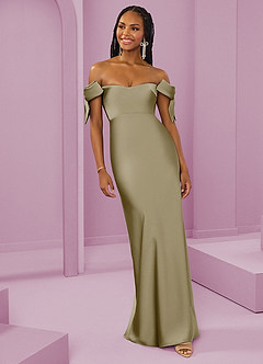 Barbie ♥ Azazie Bridesmaid Dresses Moss Green Sheath Off the Shoulder Stretch Satin Convertible Dress image4