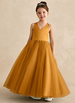 Azazie Peanut Robe Demoiselle D'honneur Fillette Robe Trapèze en Tulle Bretelle Caramel écossais image4