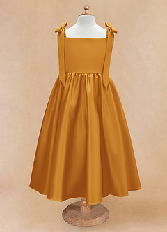 Azazie Chelsie Flower Girl Dresses Butterscotch A-Line Bow Matte Satin Dress image5