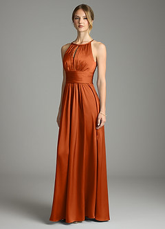 Azazie Bonnie Bridesmaid Dresses Burnt Orange A-Line Pleated Stretch Satin Dress image1