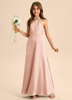 Azazie Beah Junior Rose Gold A-Line Pleated Stretch Satin Dress image3