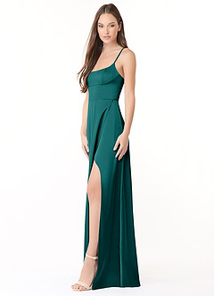 Azazie Halsey Final Sale Peacock A-Line Side Slit Stretch Satin Dress image3