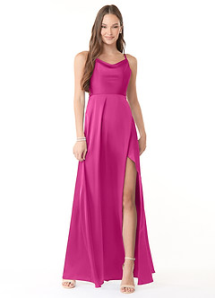 Azazie Naomie Vestidos de damas de honor Vestido de Fucsia de Satén Elástico de Corte en A con Cuello V con abertura lateral image1