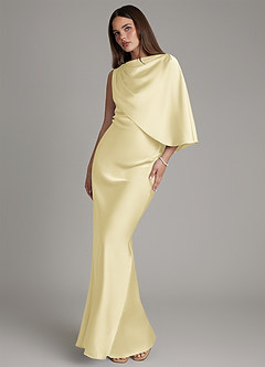 Azazie Darby At-home Try On Dresses Lemon Sorbet Mermaid Pleated Stretch Satin Dress image1