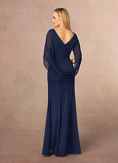 Azazie Belladonna vestidos de madre de la novia Vestido de Azul Marino Oscuro de Malla de Sirena con Cuello en V Plisado image4