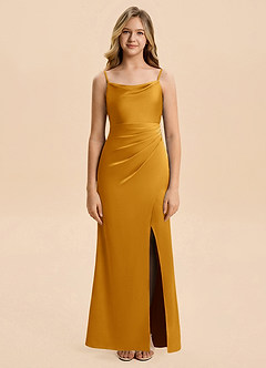 Azazie Christen Junior Vestido de Caramelo de Satén Elástico de Corte en A con Plisado image3