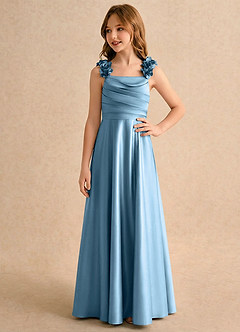 Azazie Rosita Girls Formal vestidos de niña de las flores Vestido de Azul Acero de Satén Elástico de Corte en A con Plisado image4