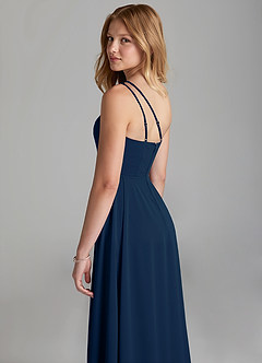 Azazie Maron Junior Dark Navy A-Line Pleated Stretch Satin Dress image2