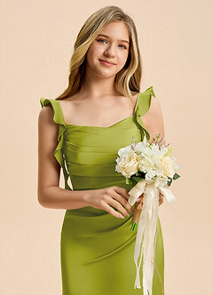 Azazie Jessamine Junior Lemongrass Sheath Ruched Stretch Satin Dress image8