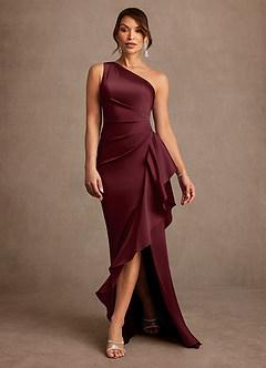 Azazie Yvette vestidos de madre de la novia Vestido de Cabernet de Satén Elástico de Corte Recto con Hombro unilateral image3