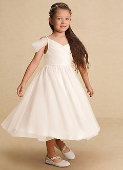 Azazie Lizzette Robe Demoiselle D'honneur Fillette Robe Trapèze en Tulle Rayé Albâtre Blanc image4
