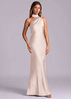 Azazie Seona Robes de demoiselle d'honneur Robe Sirène en Satin extensible Une épaule Rose Pâle image3