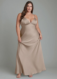 Azazie Stefania Robes de demoiselle d'honneur Robe Trapèze en Satin extensible Taupe image5