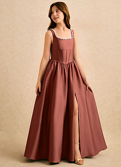 Azazie Enid Girls Formal Blomsterpigekjoler A-Line Perlebesat Stræk satin Gulv-længde Kjole image3