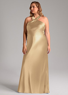 Azazie Doretta Bridesmaid Dresses Champagne Mermaid Bow Metallic Satin Dress image12