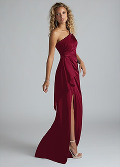 Azazie Maive Bridesmaid Dresses Burgundy Sheath Ruched Stretch Satin Dress image4