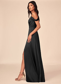 Azazie Ocean Vestidos de damas de honor Vestido de Negro de Satén Elástico de Corte en A con Cuello en V Plisado image3