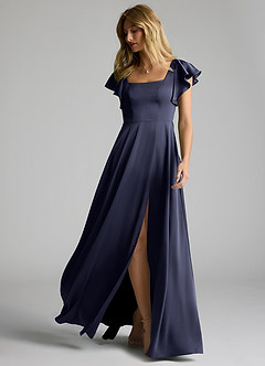 Azazie Bondi Robes de demoiselle d'honneur Robe Trapèze en Satin extensible Nœud Bleu Orageux image6