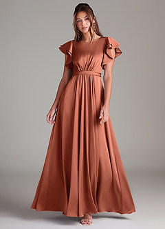 Azazie Daphne Modest Bridesmaid Dresses A-Line Ruched Stretch Satin Floor-Length Dress image1