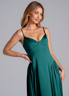 Azazie Kirby Bridesmaid Dresses Peacock A-Line Stretch Satin Dress image2
