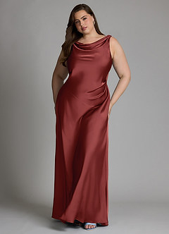 Azazie Nerine Bridesmaid Dresses Terracotta A-Line Pleated Stretch Satin Dress image7