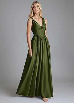 Azazie Delmie Bridesmaid Dresses Olive A-Line Corset Stretch Satin Dress image5
