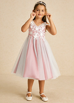 Azazie Sunnie Flower Girl Dresses Coral A-Line Lace Tulle Dress image2