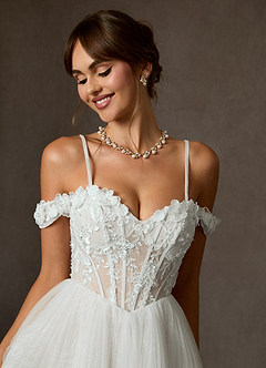 Azazie Sorel Wedding Dresses Diamond White Ball-Gown Off the Shoulder Lace Dress image10
