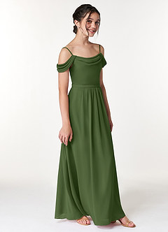 Azazie Alivia Junior Olive A-Line Off the Shoulder Chiffon Dress image3