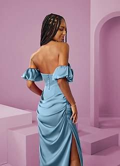 Barbie ♥ Azazie Brudtärnklänningar Klänning av Tubklänning i Stretch Satin Av axeln Stålblå Konvertibel image8