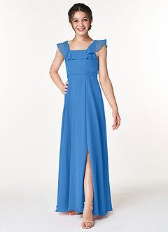 Azazie Jinny Junior Jurk van Chiffon met A-Lijn Ruches Blauwe Gaai image3