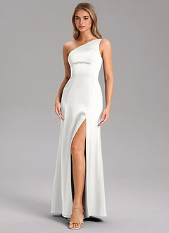 Azazie Phaedra Suknie dla druhen Linia A Jedno ramię Satyna elastyczna Do ziemi Sukienka image12