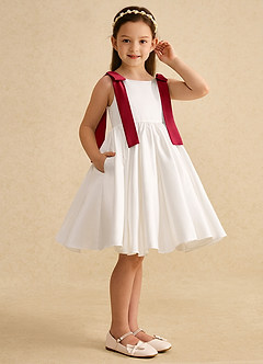 Azazie Stacie Flower Girl Dresses Ivory Scarlet A-Line Bow Matte Satin Dress image2