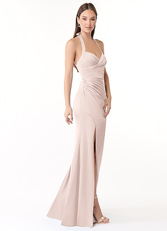 Azazie Emeria Robes de demoiselle d'honneur Robe Sirène en Satin extensible Plissée Rose Pâle image4