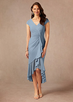 Azazie Renetta Mother of the Bride Dresses Dusty Blue Sheath V-Neck Pleated Mesh Dress image4