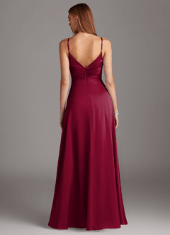 Azazie Calissa Final Sale Burgundy A-Line V-Neck Pleated Stretch Satin Dress image2