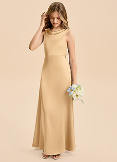 Azazie Kiki Junior Gold A-Line Bow Stretch Satin Dress image5