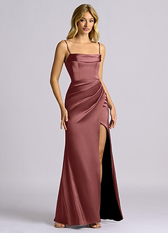 Azazie Auden Suknie dla druhen Osłona Zza ramienia Satyna elastyczna Do ziemi Sukienka image3