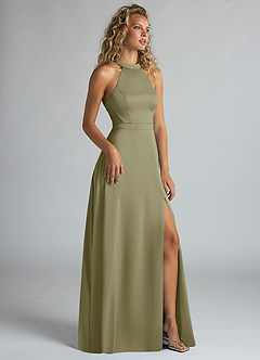Azazie Clarice Bridesmaid Dresses Pistachio A-Line High Neck Stretch Satin Dress image2