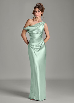 Azazie Emerson Bridesmaid Dresses Agave Mermaid Off the Shoulder Metallic Satin Dress image3