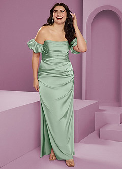 Barbie ♥ Azazie Jurken voor bruidsmeisjes Converteerbaar Jurk van Stretch Satijn met Kolom Off the Shoulder Agave image12