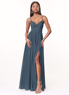 Azazie Zeya Robes de demoiselle d'honneur Robe Trapèze en Mousseline de soie Col V plissé Neptune image1