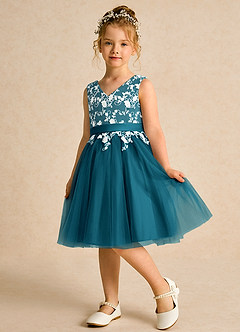 Azazie Butterfly Flower Girl Dresses Ink Blue A-Line Lace Dress image4