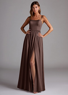 Azazie Calianna Bridesmaid Dresses Ganache A-Line Off the Shoulder Stretch Satin Convertible Dress image1