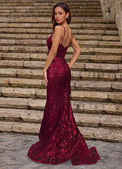 Blazing Burgundy Floral Sequin Lace Mermaid Dress image3